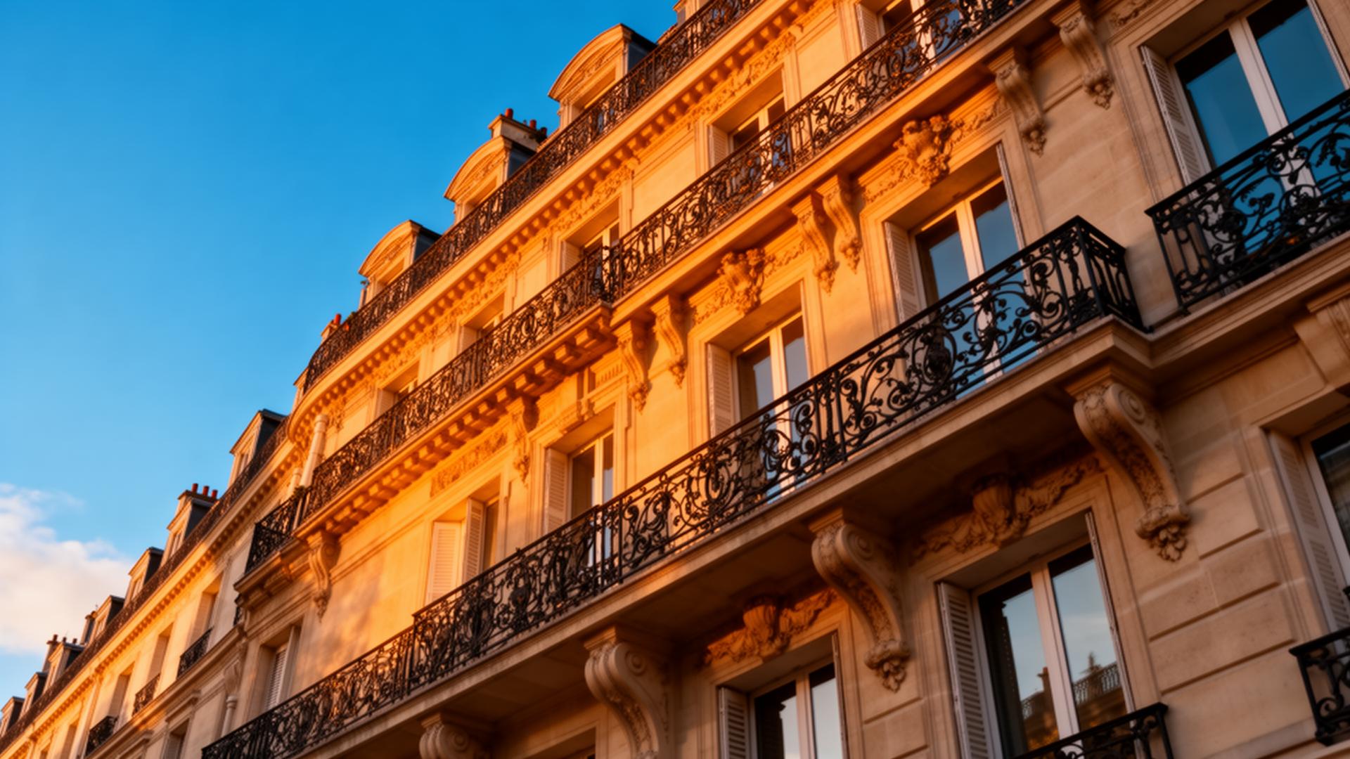 Façade d'immeuble haussmannien parisien au coucher du soleil